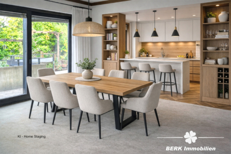 BERK Immobilien – Mehr als nur eine ETW in Laudenbach – Garten, Ausbaufläche, einzigartiger Ausblick - KI Home Staging - Esszimmer u. Küche (118185)