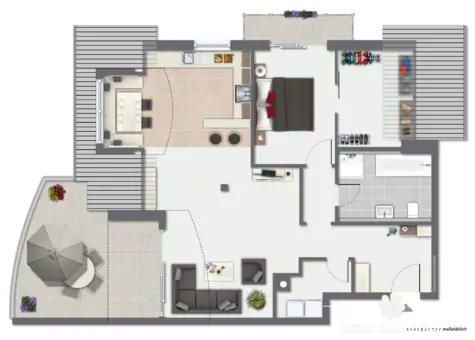 RESERVIERT – BERK Immobilien – Stilvolle DG-Wohnung mit großer Dachterrasse und Weitblick auf der Schweinheimer Höhe - Grundriss visualisiert (131886)