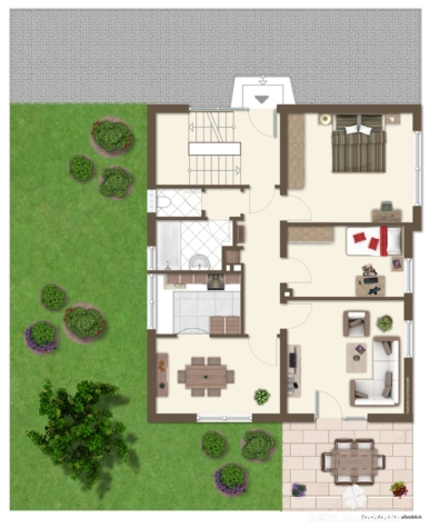 BERK Immobilien – Freistehendes Zweifamilienhaus in begehrter Lage von Stockstadt mit PKW-Garage - Grundriss EG (vis.) (124949)