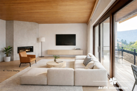 BERK Immobilien – Gartenparadies am Waldrand mit gigantischem Ausblick – Haus in TE in Laudenbach - Ki Home Staging Wohnzimmer (122111)