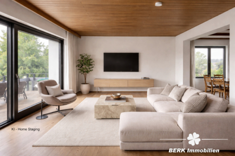 BERK Immobilien – Gartenparadies am Waldrand mit gigantischem Ausblick – Haus in TE in Laudenbach - KI Home Staging Wohnzimmer (122115)