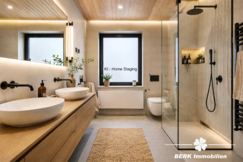 BERK Immobilien – Gartenparadies am Waldrand mit gigantischem Ausblick – Haus in TE in Laudenbach - Ki Home Staging - Badezimmer (122123)
