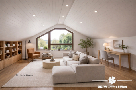 BERK Immobilien – Gartenparadies am Waldrand mit gigantischem Ausblick – Haus in TE in Laudenbach - KI Home Staging Dachgeschoss (122130)