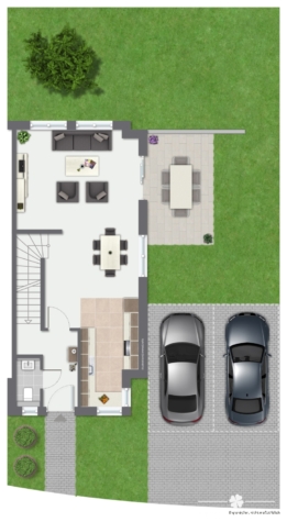 BERK Immobilien – Moderne Doppelhaushälfte mit hochwertiger Ausstattung in ruhiger Bestlage von Haibach-Grünmorsbach - Grundriss visualisiert EG (126158)