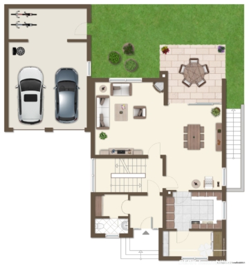 BERK Immobilien – Charmantes Einfamilienhaus mit Doppelgarage und großem Grundstück in Mainaschaff - Grundriss EG (vis.) (112013)